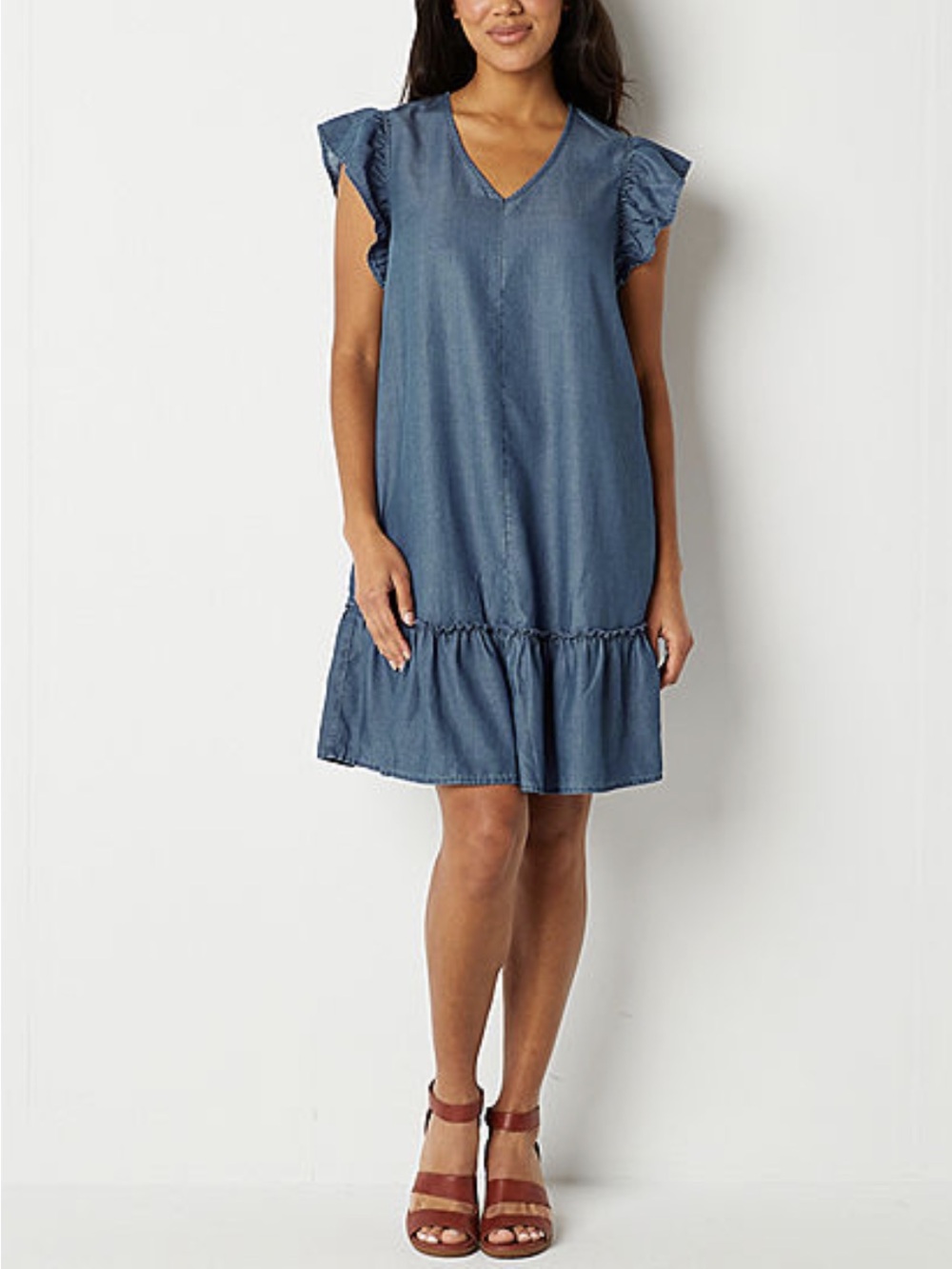 FRYE AND CO. Chambray V-Neck Drop Waist Tunic Dress Denim Blue Size XXL